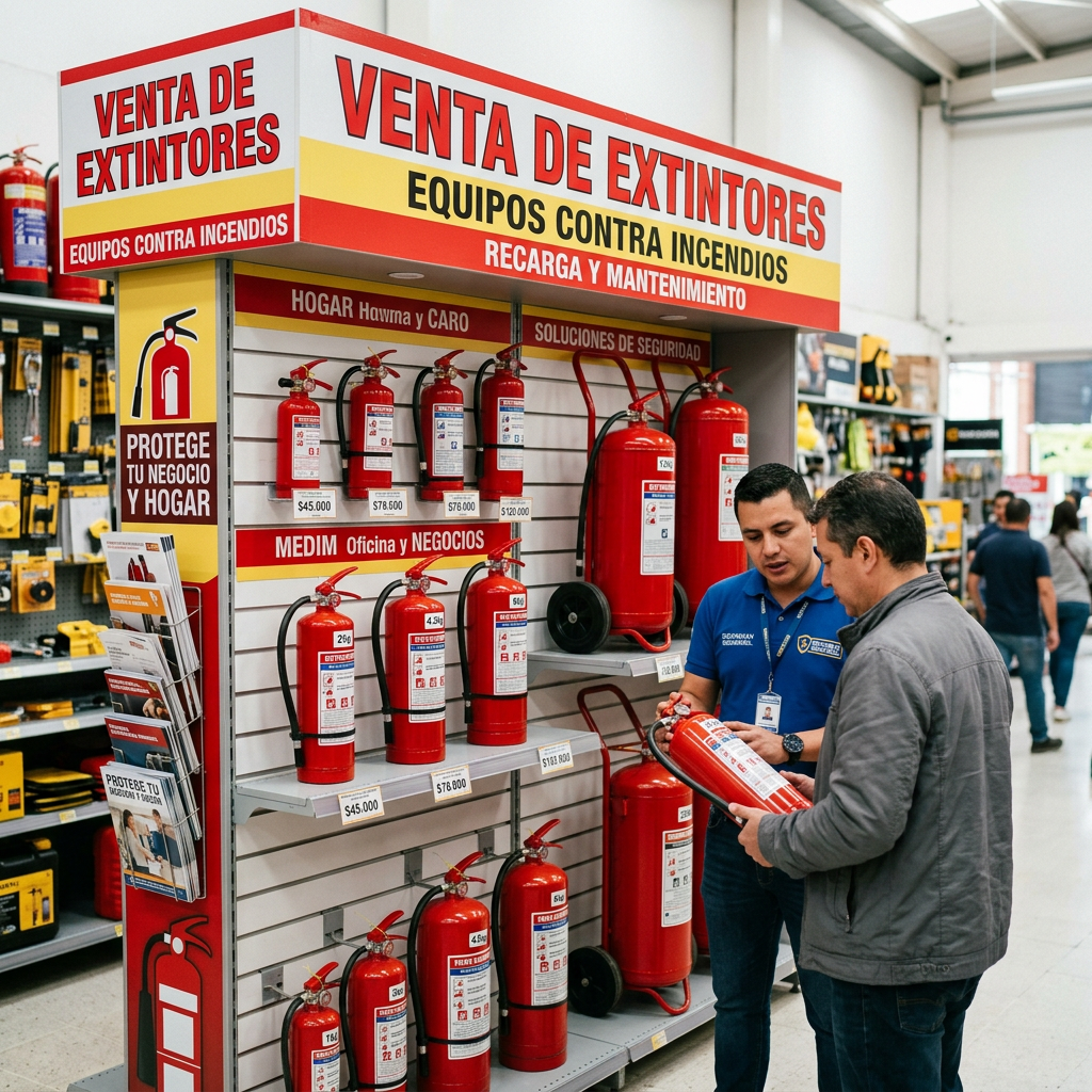 Customer examining fire extinguisher with store employee in fire safety section